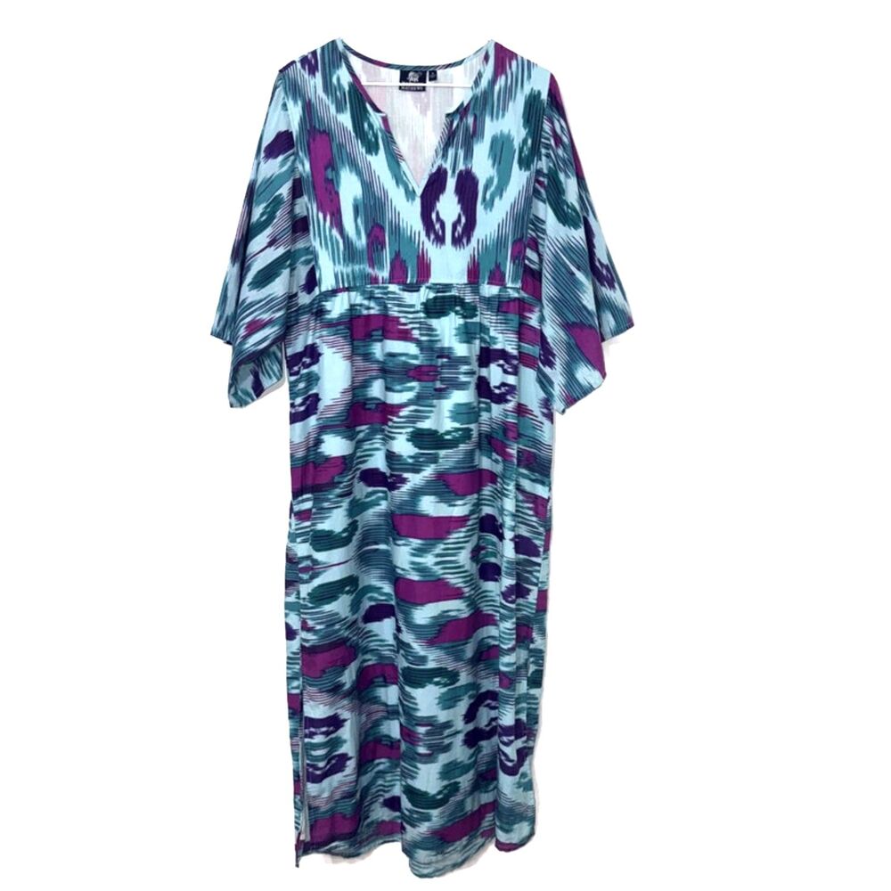 Madison Mathews Morgan Maxi Dress Groovy Teal Print Ikat Blue Purple - S